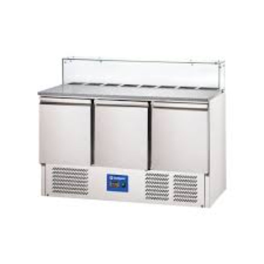 Хладилна маса за подготовка на пица с три врати, със стъклена преграда, 8 х GN 1/6, Stalgast, Полша