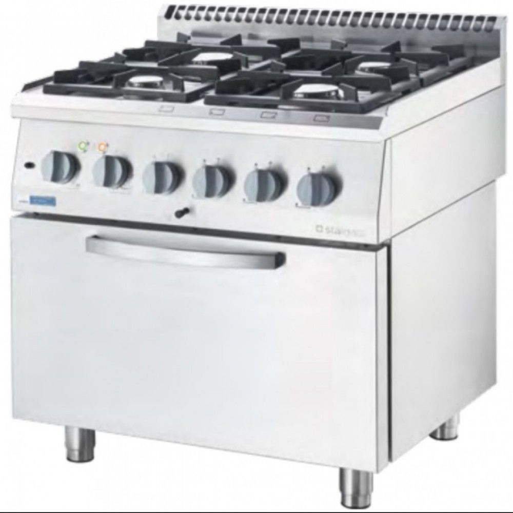 Печка с 4 горелки + електрическа фурна с конвекция, с метална врата, Stalgast, Полша